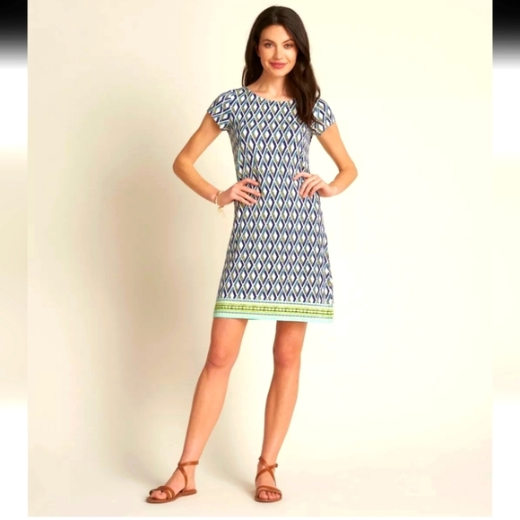 NWT HATLEY NELLIE SHIFT DRESS GEOMETRIC NAVY GREEN WHITE SZ L - Picture 1 of 12
